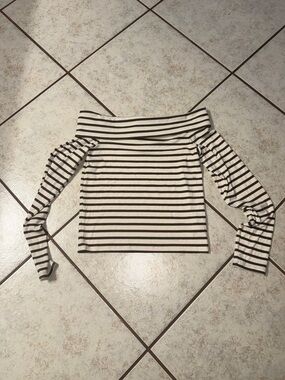 AE Size Large Striped Off-Shoulder Long Sleeve Top - Hunter Green & Cream